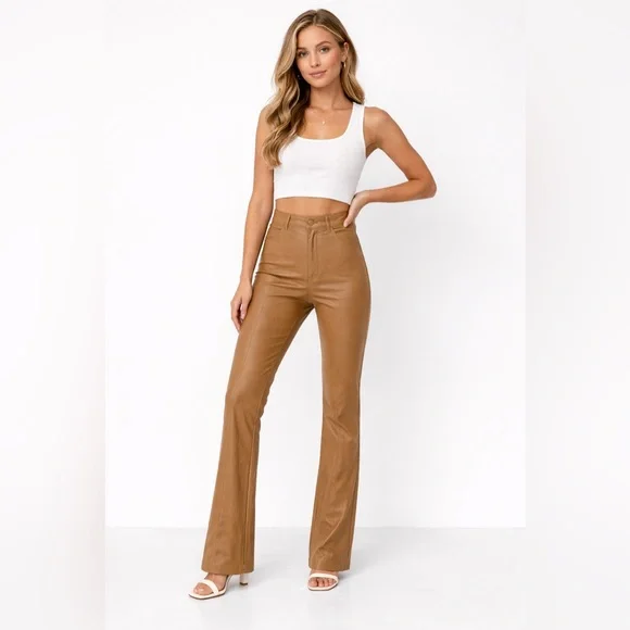 Zara Camel High-Waisted Faux Leather Flare Pants Chic Retro Wide Leg Trousers-XS - Picture 1 of 14